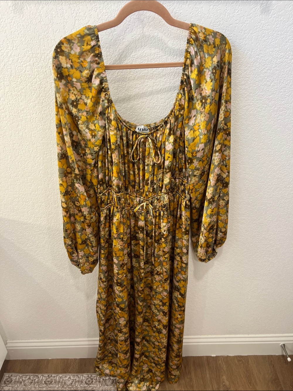 ARULA Mustard Floral Tie-Waist Maxi Dress